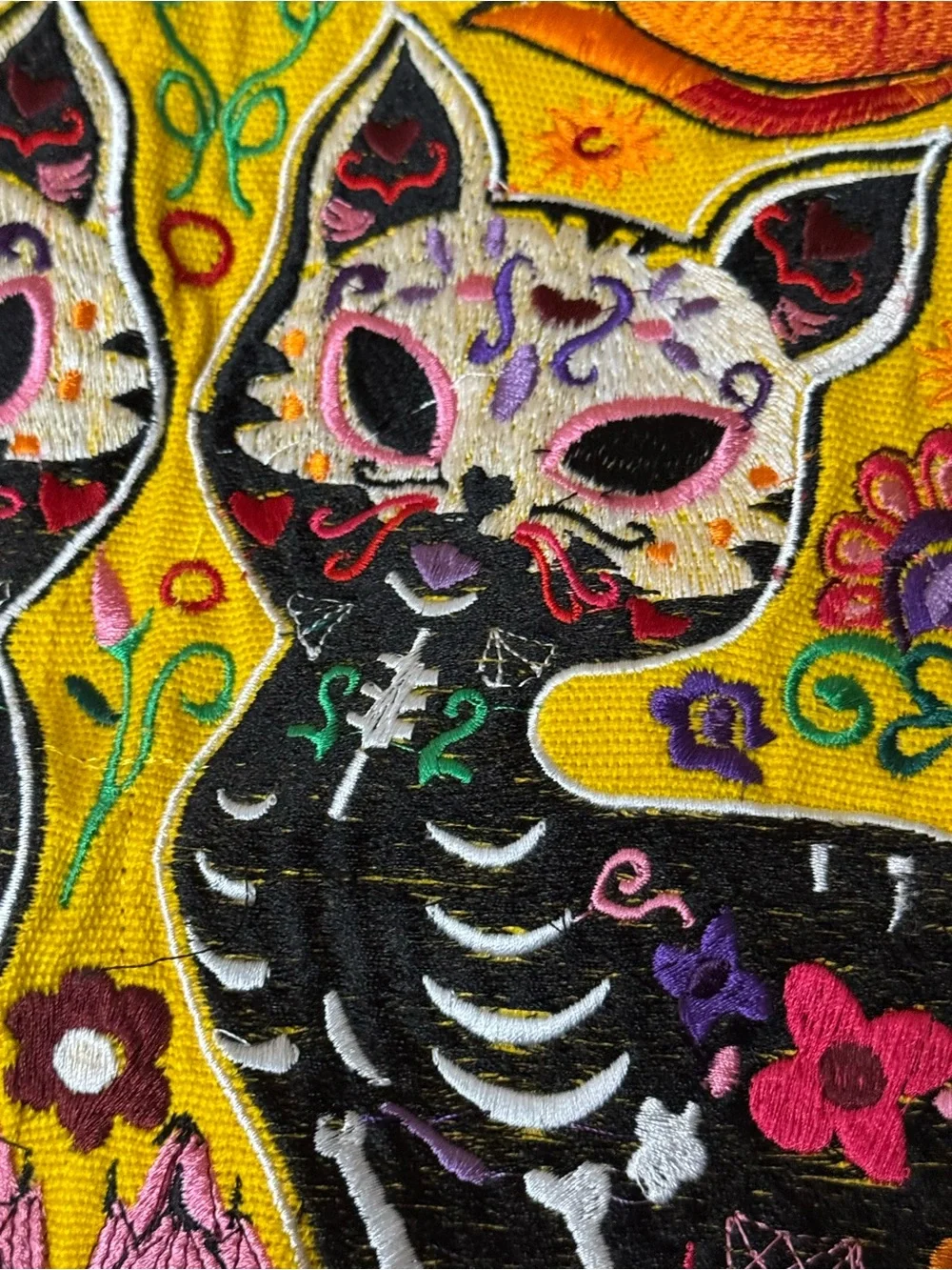 Yellow Embroidered Day of the Dead Cat Decorative Textile Throw Pillow Cover